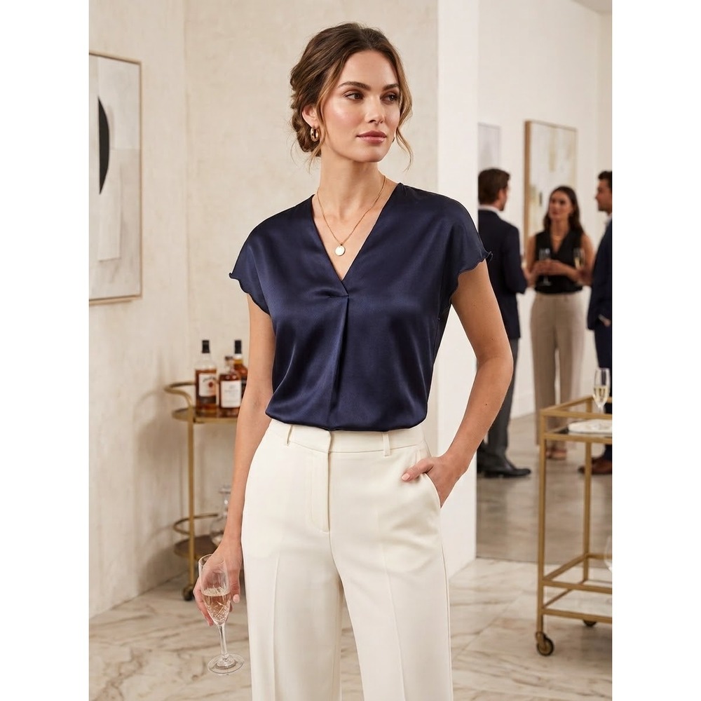 Satin V-Neck Cap Sleeve Nicole Miller Navy Blue Blouse Size M Medium